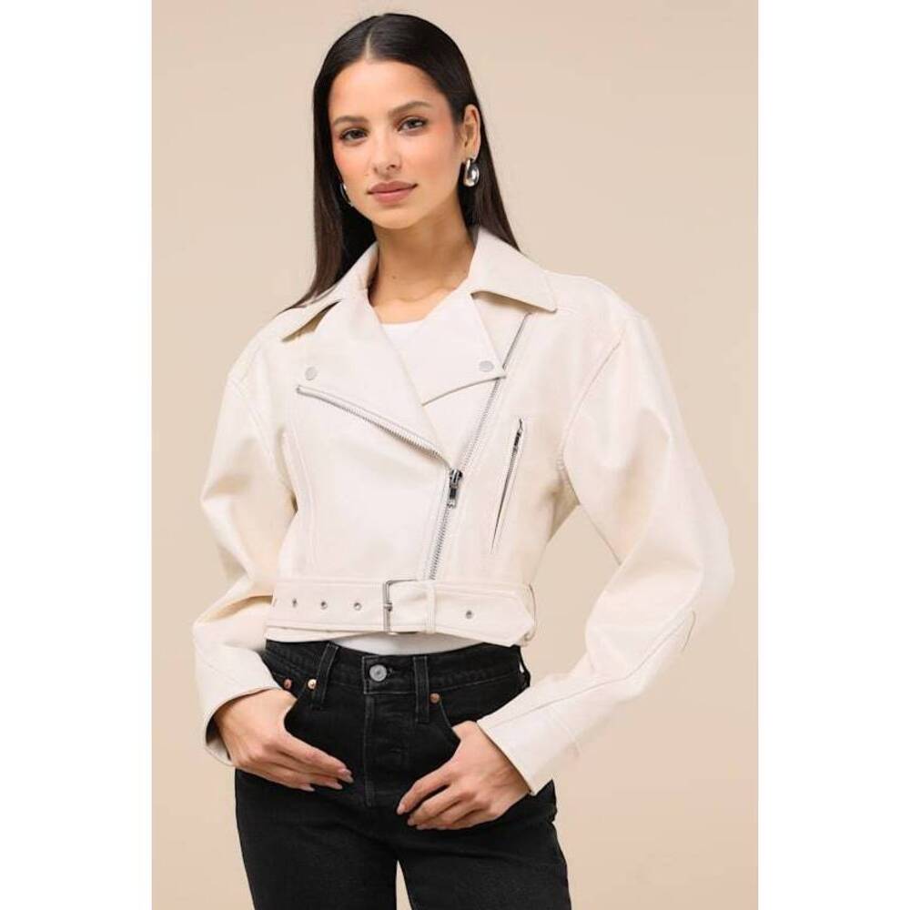Lulus Cutest Edge Cream Vegan Leather Moto Jacket White - Size L
